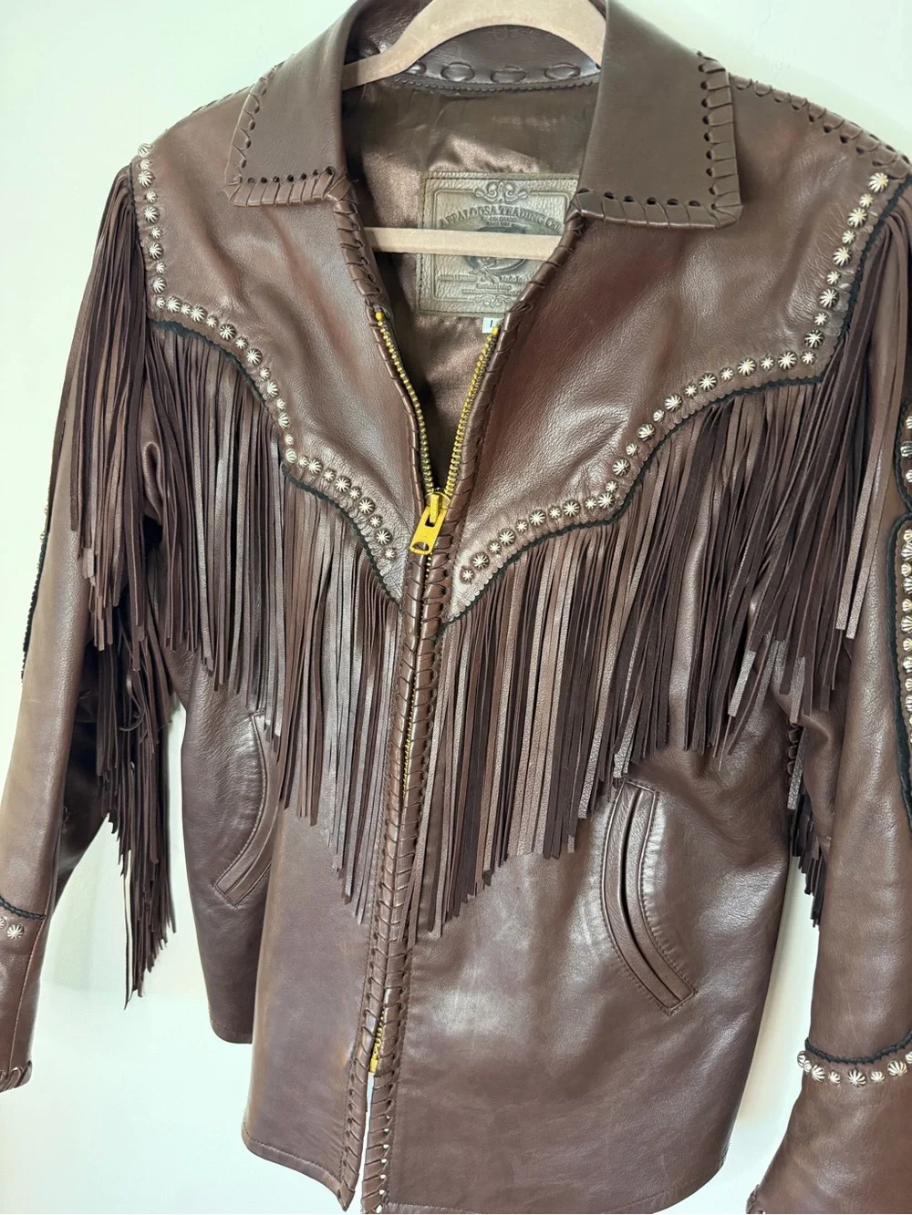 Appaloosa Trading Co 100% Leather Fringe Western Jacket Brown Concho woman large